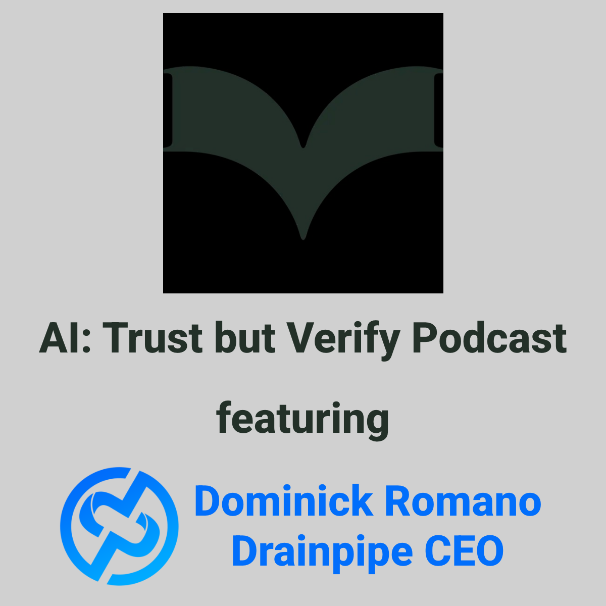 Podcast cover for 'AI: Trust but Verify' featuring Dominick Romano Drainpipe, CEO, with a blue circular logo in the bottom left.